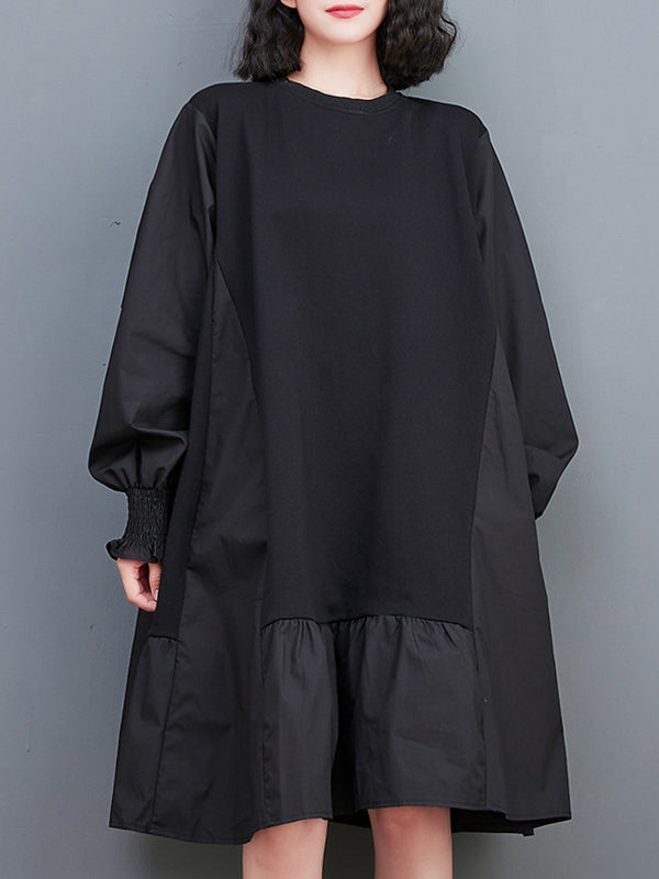 Robe mi-longue ample plissée à manches bouffantes, à empiècements, à col rond, couleur unie