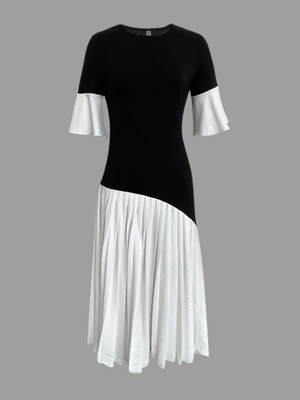 Robe mi-longue plissée à empiècements, à manches évasées, à manches mi-longues, à col rond