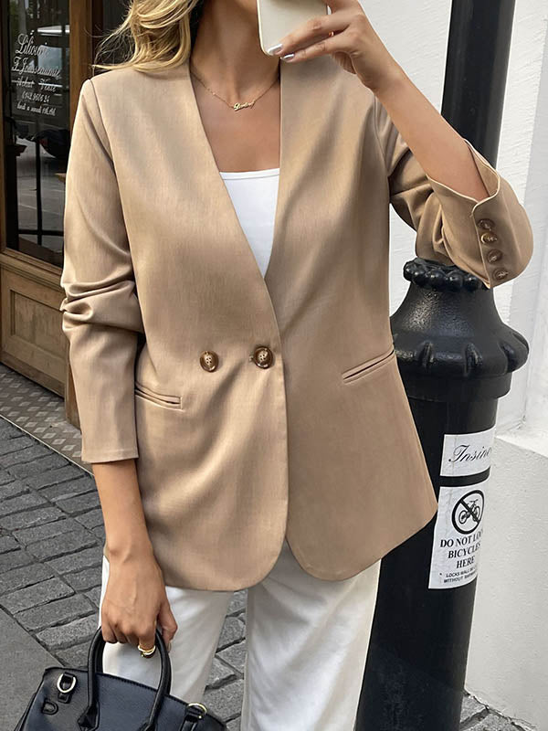 Blazer ample boutonné à manches longues, à empiècements, sans col, couleur unie