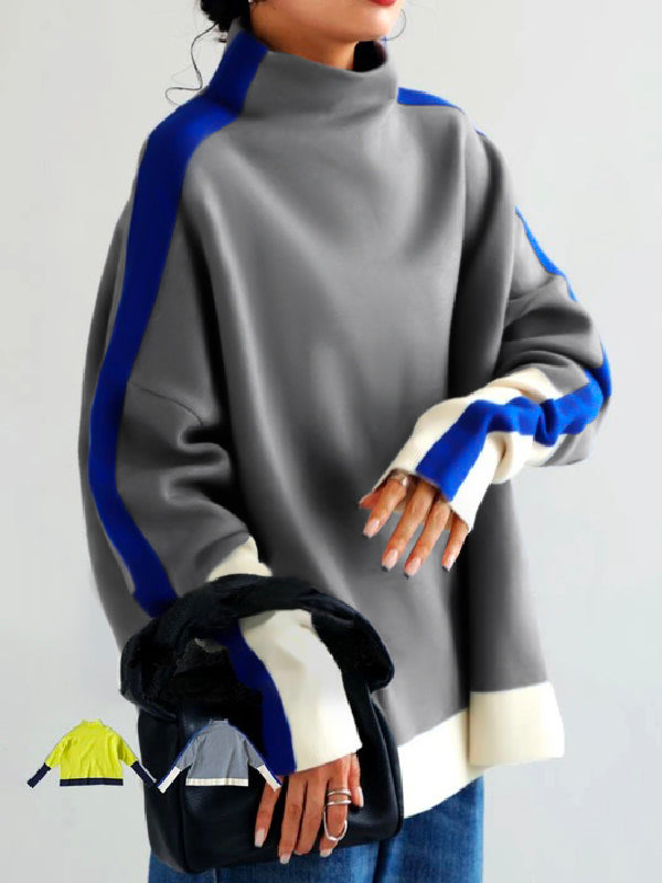 Sweat-shirt à manches longues et col haut, couleur contrastée