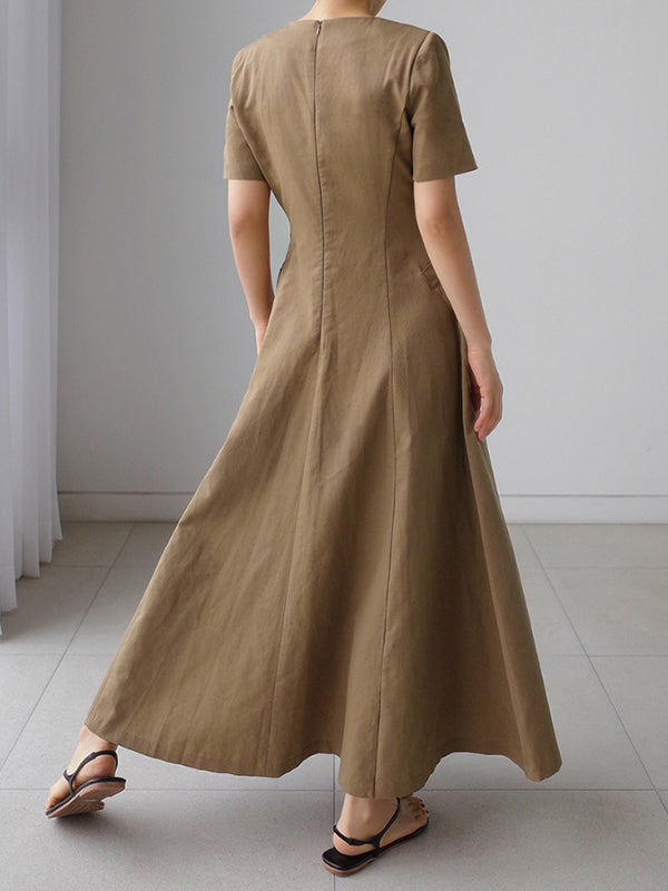 Robe mi-longue simple décontractée plissée couleur unie