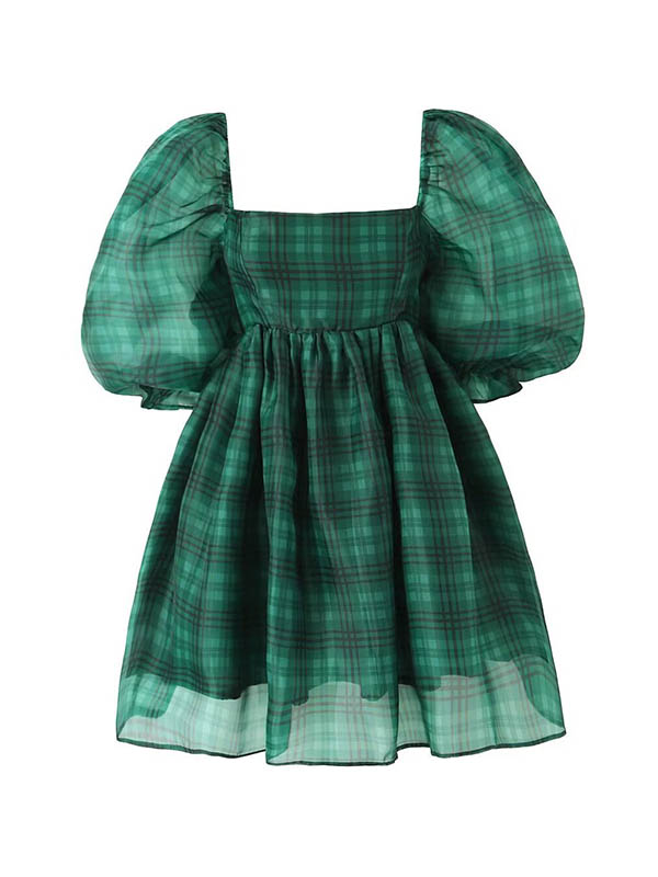 Robe courte plissée coupe trapèze, taille haute, à carreaux, à col carré