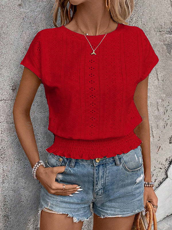 T-shirt ample ajouré à manches raglan, à taille élastique, en jacquard, à col rond, couleur unie