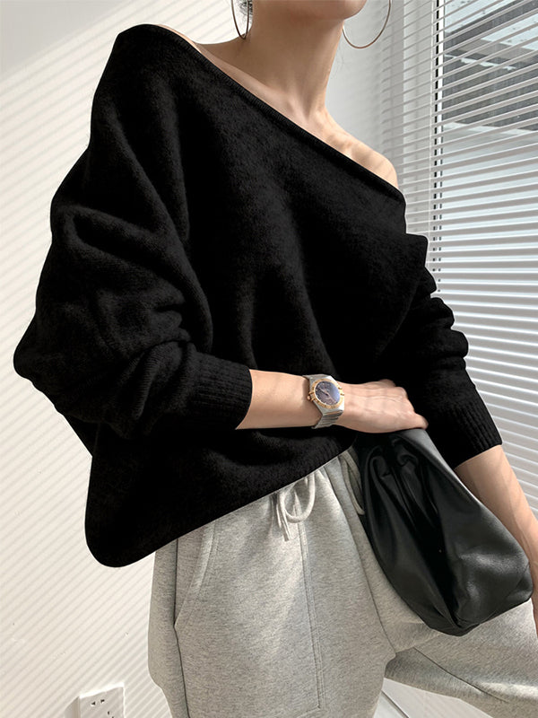 Pull décontracté ample à manches longues, à épaules dénudées, couleur unie