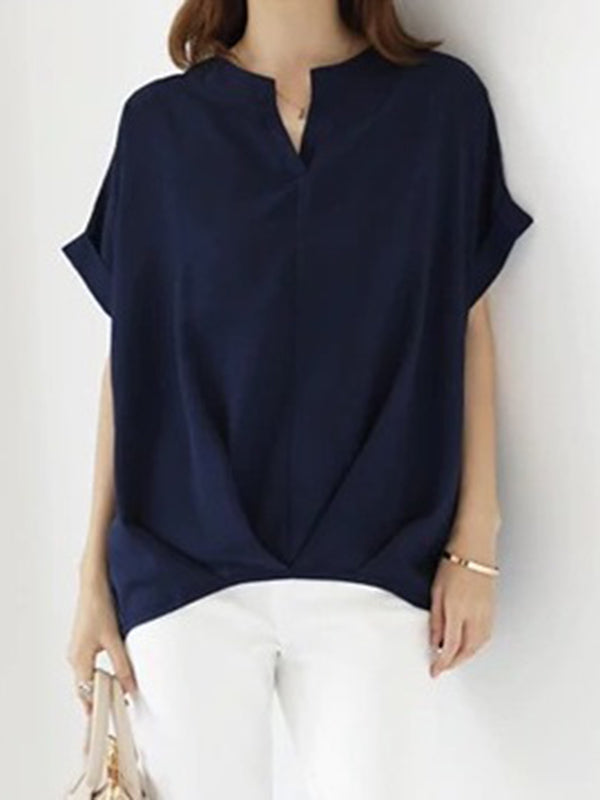 T-shirt ample plissé grande taille, à col en V, couleur unie