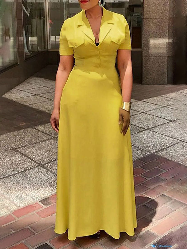 Robe longue boutonnée ample à poches, coupe trapèze, à décolleté en V profond, couleur unie