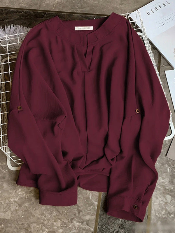 Chemisier décontracté ample à manches longues, à col en V, couleur unie