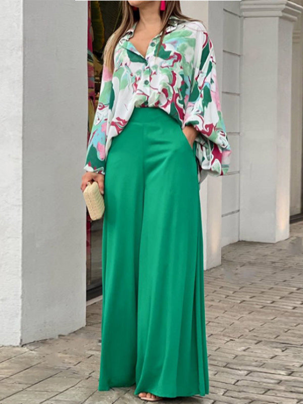 Ensemble deux pièces : blouse à couleurs contrastées + pantalon large uni