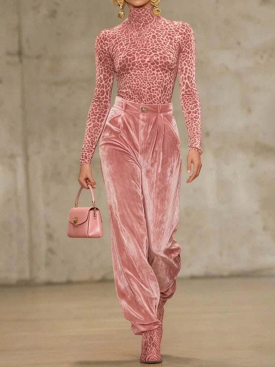 Pantalon plissé taille haute, à poches, en velours, couleur unie