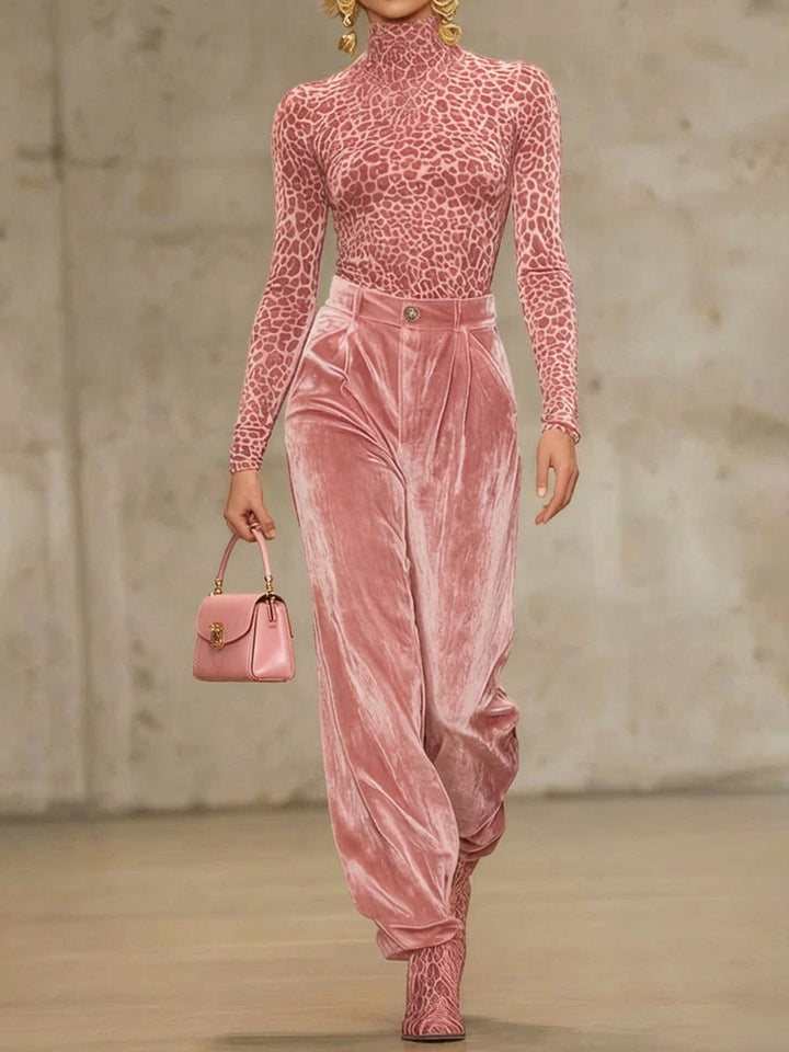 Pantalon plissé taille haute, à poches, en velours, couleur unie