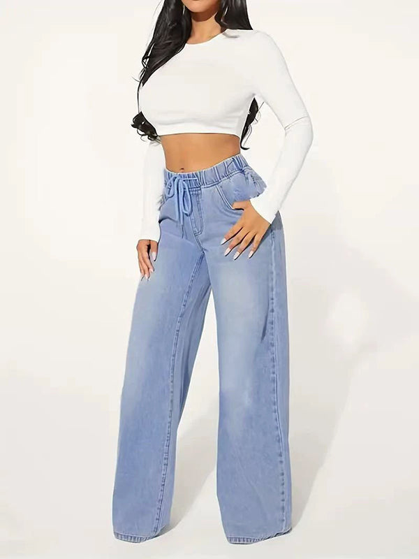 Jean ample taille haute, à cordon de serrage, à taille élastique, à empiècements