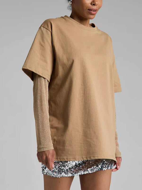 T-shirt ample transparent effet deux pièces, à empiècements, anti-UV, à col rond