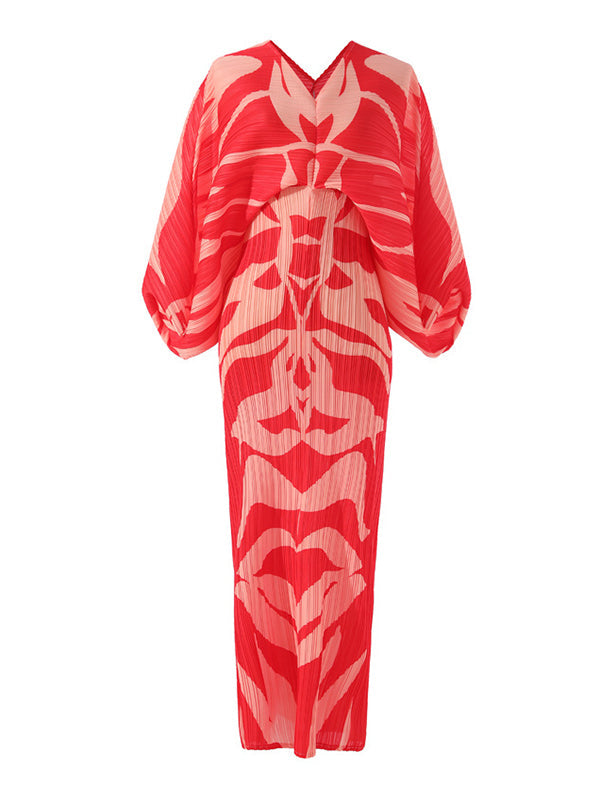 Robe mi-longue imprimée plissée à manches chauve-souris, à manches longues, à col en V, couleur contrastée