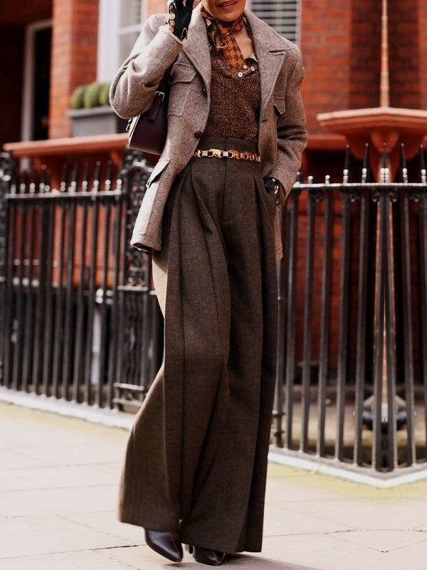 Pantalon ample plissé taille haute, à poches, couleur unie