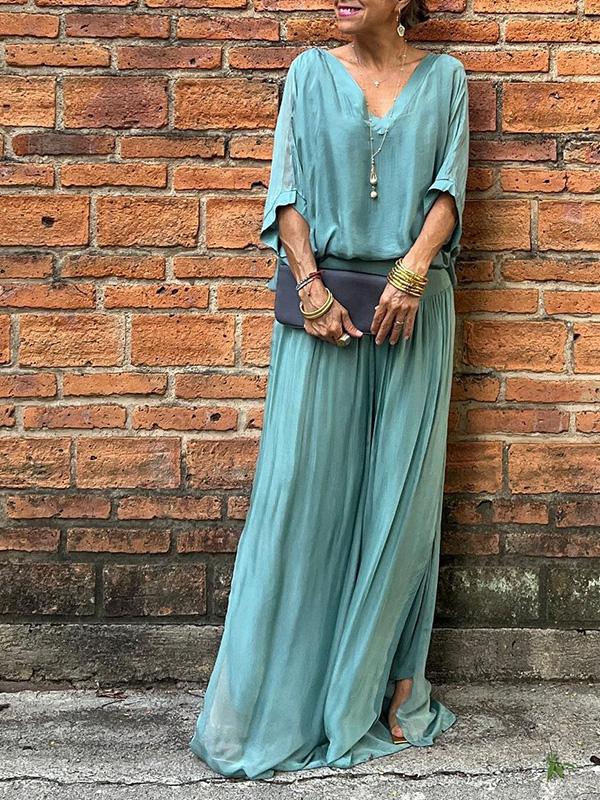 Saila | Robe maxi pour femmes décolleté en V, manches chauve-souris, couleur unie