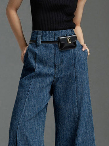 Pantalon fendu devant à jambes larges, sans ceinture, couleur unie