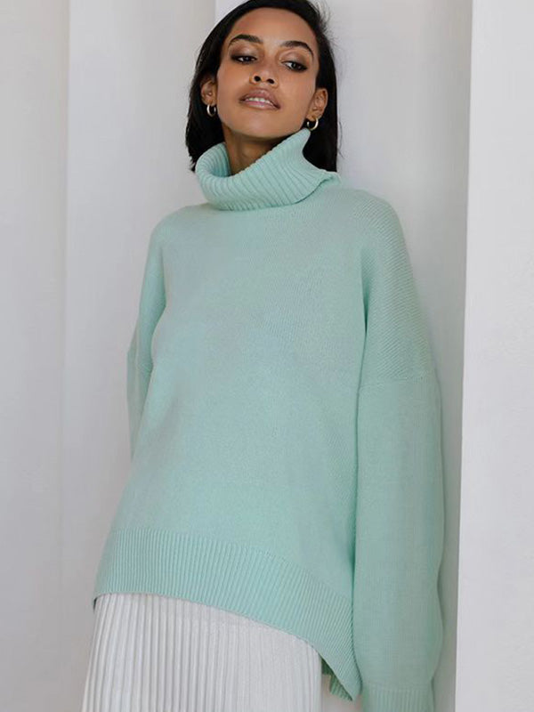 Pull décontracté ample à manches longues, à col haut, couleur unie