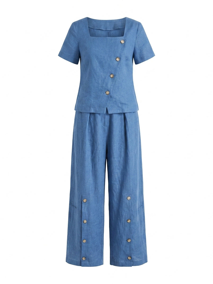 Pantalon ample boutonné à jambes larges, à poches, couleur unie