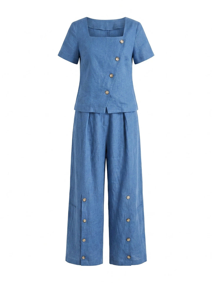 Pantalon ample boutonné à jambes larges, à poches, couleur unie