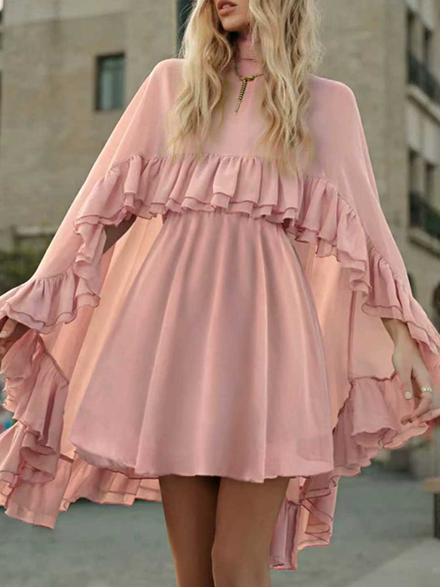 Robe courte ensemble deux pièces plissée volantée nouée taille haute, sans manches, à empiècements, à col cheminée, couleur unie