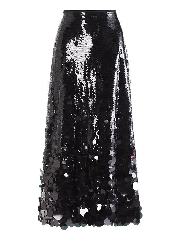 Jupe brillante coupe trapèze, taille haute, à sequins