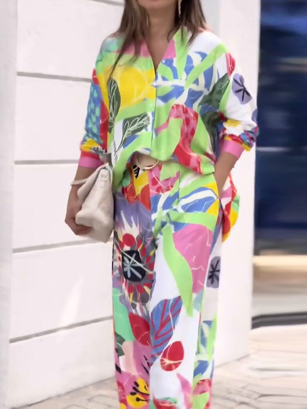 Ensemble deux pièces imprimé boutonné à manches longues, à col revers, taille haute, couleur contrastée – chemisier + pantalon