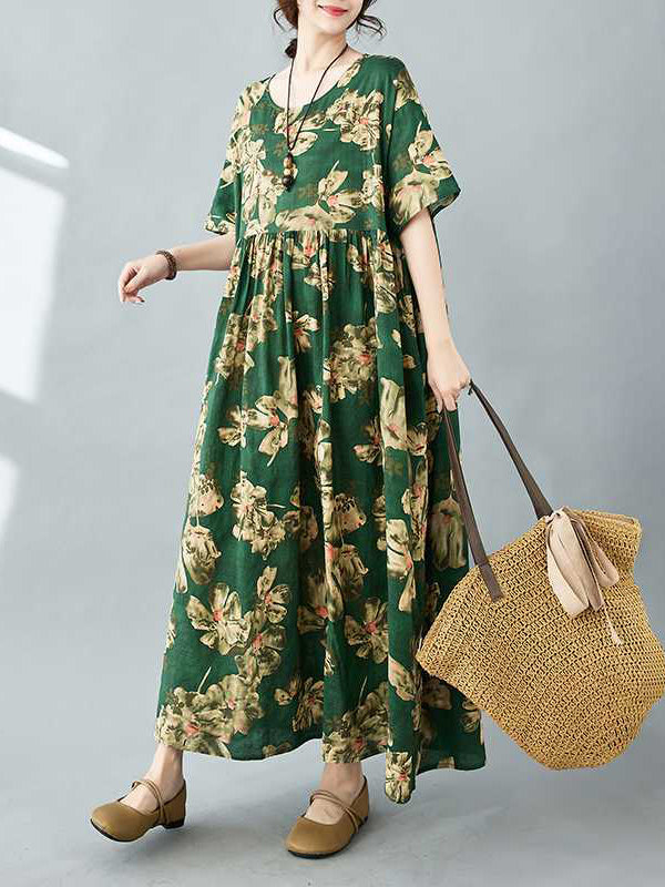 Robe mi-longue ample plissée à manches mi-longues, à imprimé floral, à poches, à col rond