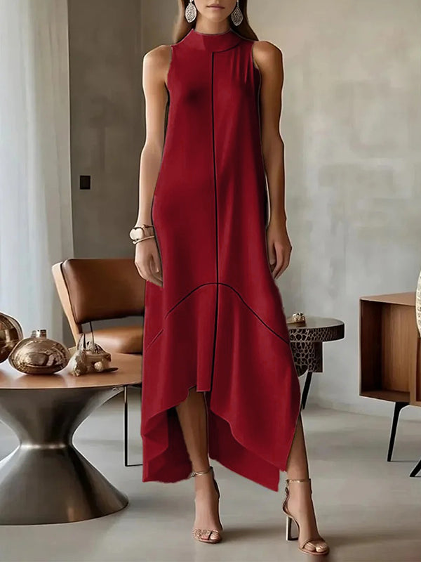 Robe longue fendue sur le côté sans manches, à empiècements, à col haut