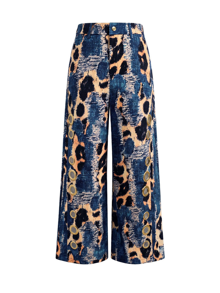 Pantalon ajouré boutonné à fermeture éclair, à empiècements, à poches, à imprimé léopard, à jambes larges, taille haute