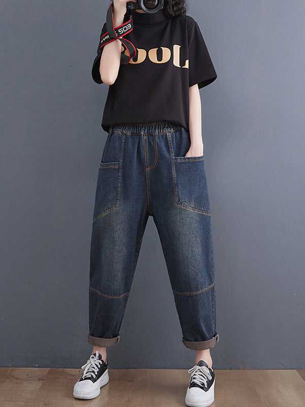 Pantalon en jean élastique ample rétro artistique