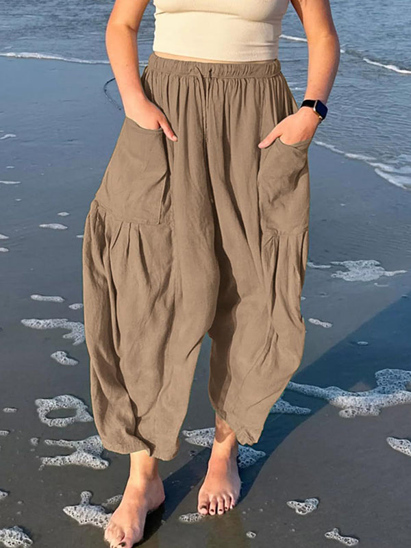 Pantalon ample plissé taille haute, à cordon de serrage, à taille élastique, à poches, couleur unie