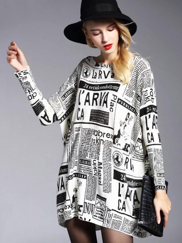 Pull vintage ample à une épaule imprimé journal à empiècements