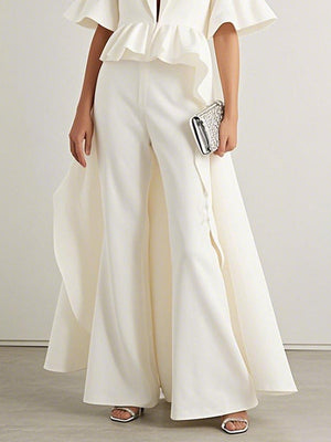 Pantalon ample taille haute, couleur unie