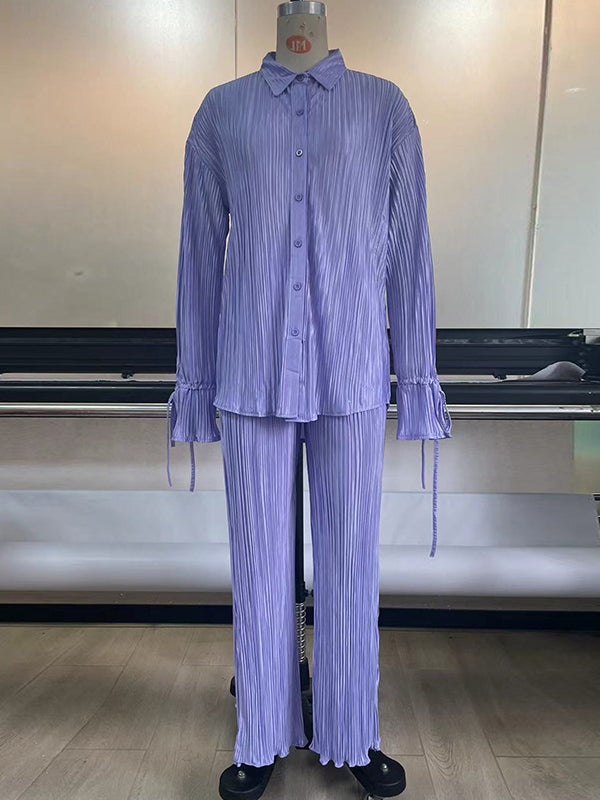 Ensemble pyjama à manches longues, manches évasées, boutonné, cordon de serrage plissé, couleur unie, chemises à revers fendues sur le côté, haut + pantalon, bas