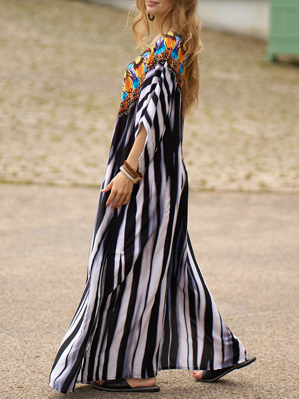 Robe longue de plage à manches chauve-souris, ample, imprimée, fendue sur le côté, rayée, col en V