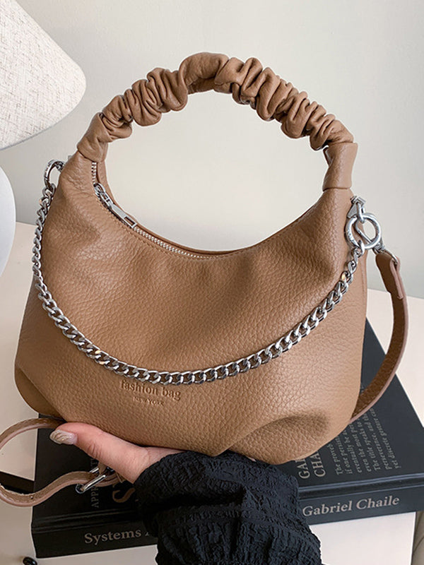 Sac à main plissé à chaîne, à fermeture éclair, couleur unie