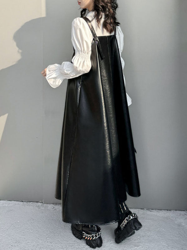 Robe trapèze ample asymétrique plissée, couleur unie, à empiècements, col carré, robe mi-longue