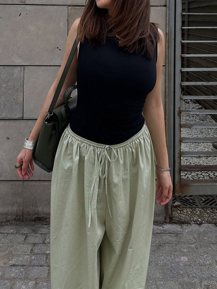 Pantalon resserré aux chevilles plissé à taille élastique, taille haute, à cordon de serrage, couleur unie