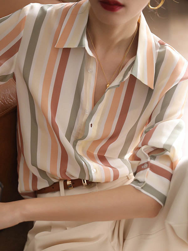 Chemise multicolore rayée à manches longues, à col revers