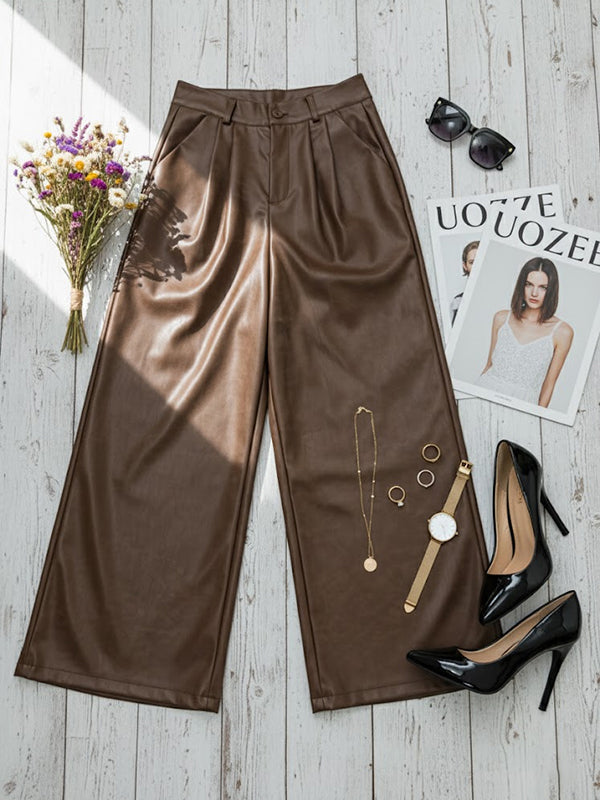 Pantalon large taille haute en similicuir