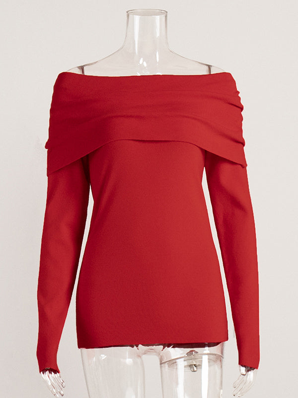 Pull ample à manches longues, à épaules dénudées, couleur unie