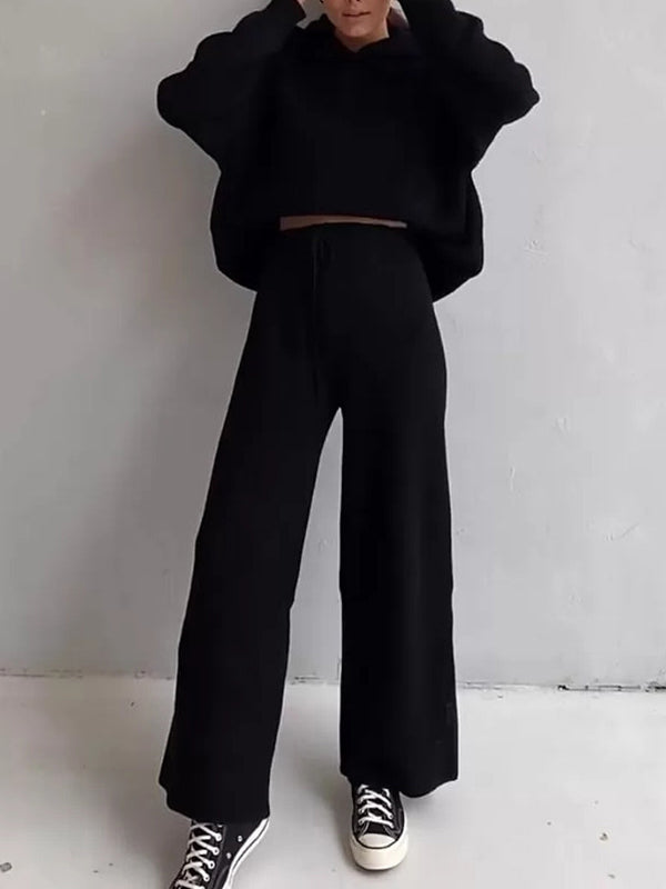 Ensemble deux pièces ample à col rond, à capuche, à manches longues, à cordon de serrage, couleur unie – pull + haut + pantalon