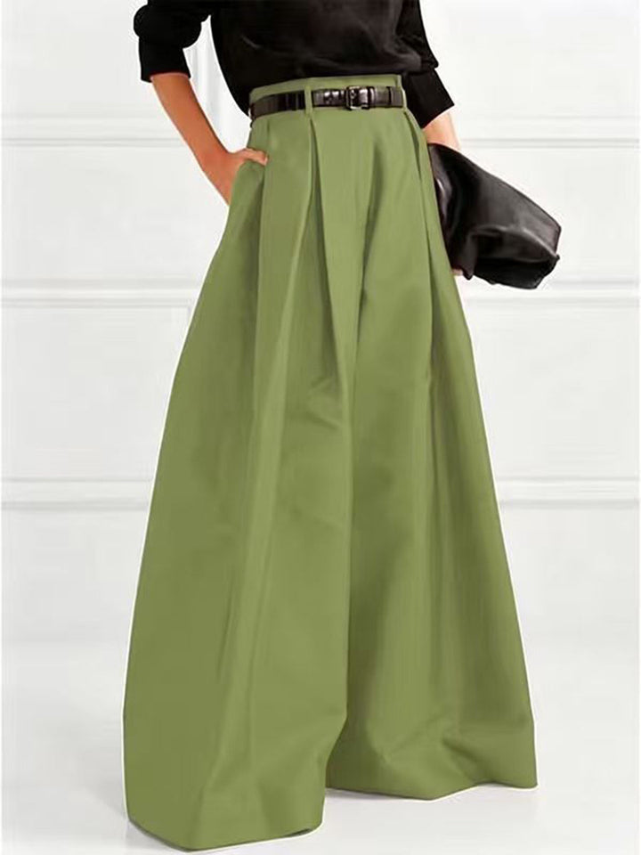 Pantalon élégant ample taille haute, à jambes larges, couleur unie