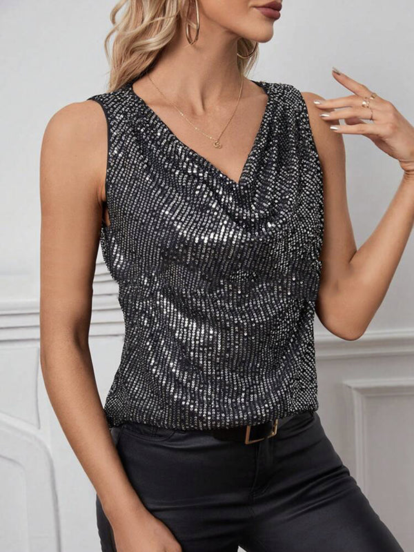 Débardeur ample brillant sans manches, à sequins, à empiècements, à col en V, couleur unie