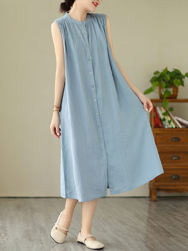 Robe mi-longue boutonnée plissée coupe trapèze, sans manches, à col rond, couleur unie