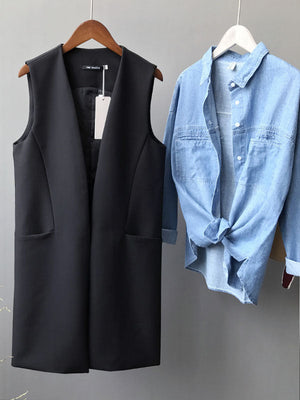 Gilet sans manches décontracté, ample, long et fendu