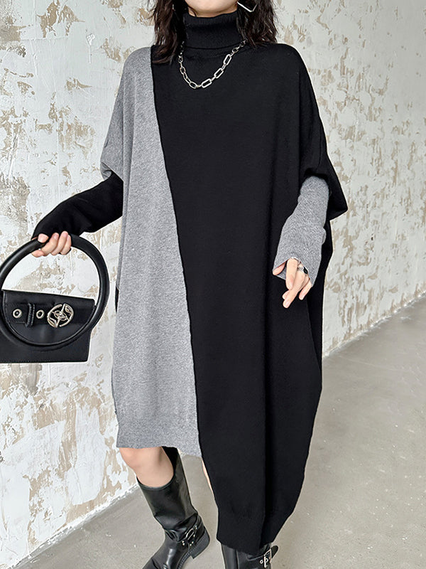 Robe pull mi-longue asymétrique à manches chauve-souris et col haut, couleur contrastée