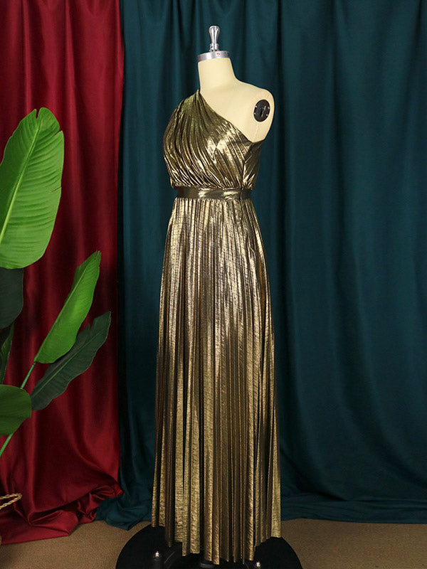 Robe longue ample asymétrique plissée brillante taille haute, asymétrique à une épaule, couleur unie