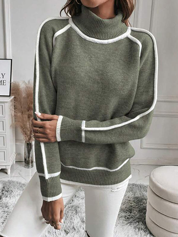 Pull ample à manches longues, à empiècements, à col haut, couleur contrastée