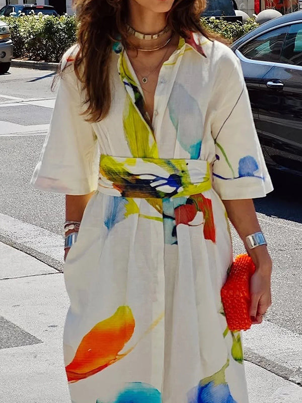 Robe chemise ample asymétrique imprimée à manches mi-longues, à empiècements, à taille nouée, à col revers
